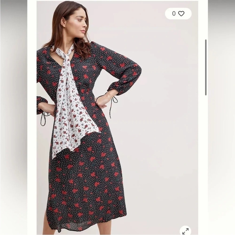 RIXO Black Midi Dress with Red Floral Print and White Scarf
